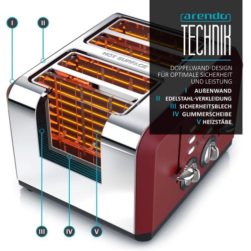  Arendo - Automatik Toaster 4 Scheiben - Edelstahlgehause - bis zu vier Sandwich und Toast-Scheiben - Braunungsgrad 1-6 - Aufwarm- und Auftaufunktion - Kruemelschublade - GS-zertifiz