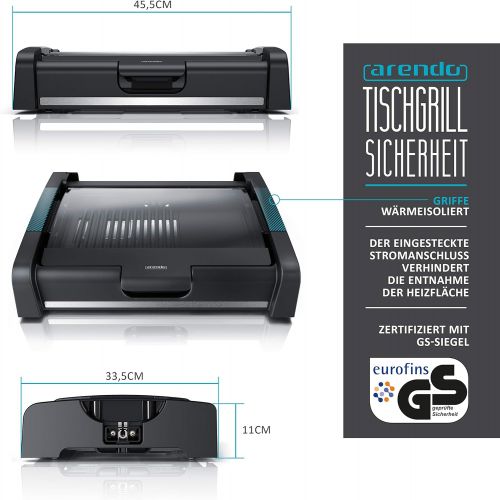  Arendo - Gourmet Tischgrill Elektrogrill - 1650 W - mit Glasabdeckung - fuer Balkon Garten Indoor - Antihaftbeschichtung - Temperaturregelung mit 5 Stufen - GS-zertifiziert