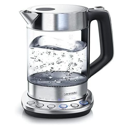  Arendo - Glas Wasserkocher mit Temperatureinstellung -Teekocher mit Warmhaltefunktion 30min - 1,5 Liter Fuellmenge - Borosilikatglas - Basisstation aus Edelstahl - Modernes Design