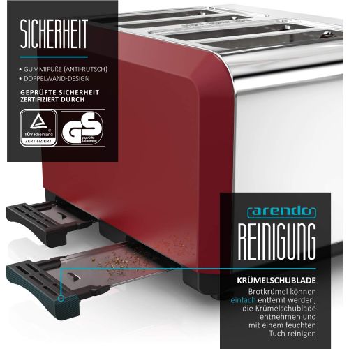  Arendo - Automatik Toaster 4 Scheiben - Edelstahlgehause - bis zu vier Sandwich und Toast Scheiben - Braunungsgrad 1 bis 6 - Aufwarm und Auftaufunktion -Kruemelschublade - GS zertif