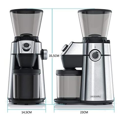  Arendo - elektrische Kaffeemuehle mit Kegelmahlwerk in Edelstahl - 150 Watt - Coffee Grinder - 15 Mahlgradstufen 360 g Fuellmenge Automatikverschluss Aromaschutz - Schutzschaltung -