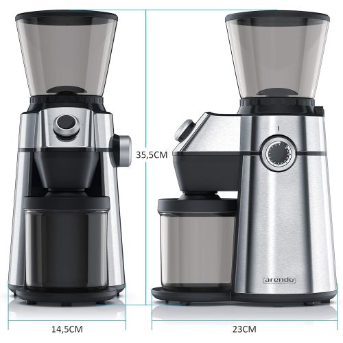  Arendo - elektrische Kaffeemuehle mit Kegelmahlwerk in Edelstahl - 150 Watt - Coffee Grinder - 15 Mahlgradstufen 360 g Fuellmenge Automatikverschluss Aromaschutz - Schutzschaltung -