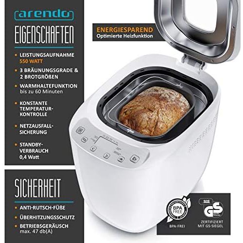  Arendo - Brotbackautomat - Brotbackmaschine 12 Programme - glutenfrei Backen - 700-1000 g - Direktantrieb - Brotbackkammer mit Sichtfenster - Warmhaltefunktion - Antihaftbeschichtu