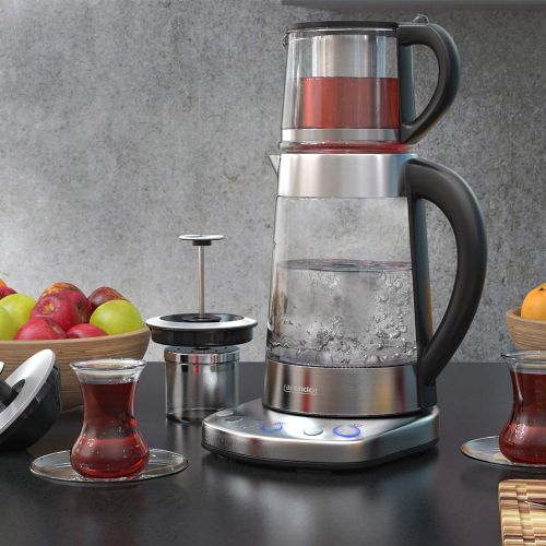  Arendo - Glas Wasserkocher mit Temperatureinstellung und Teesieb sowie Aufsatz - Tuerkischer Teekocher - Edelstahl - Temperaturen 70, 80, 100 Grad - 1,7 Liter - 2400 Watt - Abschalt