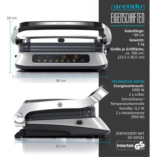  Arendo - Kontaktgrill - Elektrogrill mit Digitalsteuerung 1900 W - elektrischer Tischgrill Sandwichmaker - 7 Programme - antihaft beschichtetes Edelstahl - abnehmbare Platten Abtro