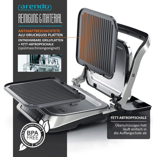  Arendo - Kontaktgrill - Elektrogrill mit Digitalsteuerung 1900 W - elektrischer Tischgrill Sandwichmaker - 7 Programme - antihaft beschichtetes Edelstahl - abnehmbare Platten Abtro