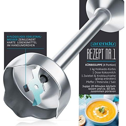  [아마존베스트]Arendo Hand Blender 1000 Watt Stainless Steel 4-Blade Blender Stepless Speed Control Turbo Button Removable Mixing Base GS Certified Cool Grey Design