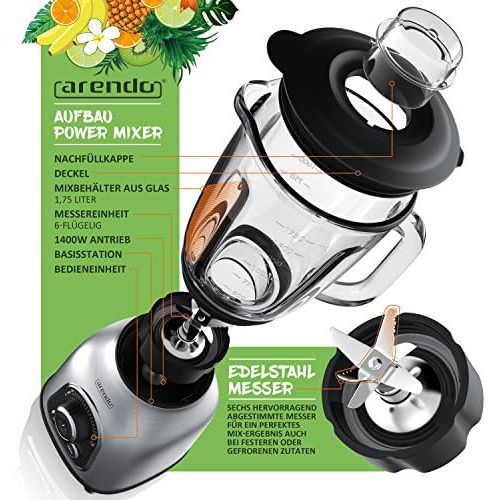  [아마존베스트]Arendo - Stainless steel blender 24,000 rpm - 1400 watts - including 1.75 l glass container - ball bearing stainless steel knife 6-blade crush smoothie pulse function 30 power leve