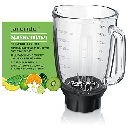  [아마존베스트]Arendo - blender, stainless steel, 1400 Watt, 24,000 rpm, incl. 1.75 l glass container + 60 ml measuring jug. Ball-bearing stainless steel blade (6 wings), crush, smoothie, pulse f