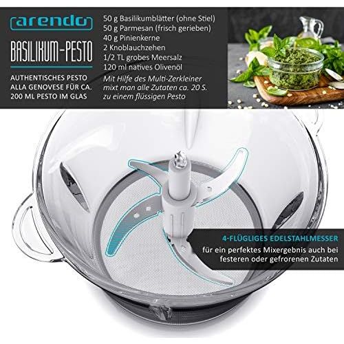  [아마존베스트]Arendo - Power Chopper 400 Watt with 1.5 L Glass Container - Electric Multi-Chopper - Powerful Universal Chopper with 4 Stainless Steel Blades - 2 Speed Settings - Power Chopper