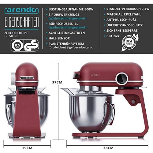  [아마존베스트]Arendo - Powerful food processor 5 litres - stainless steel mixing machine - full metal kneading machine - planetary mixing system - stainless steel bowl - includes 3 stirring tool