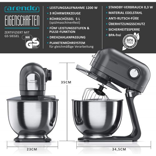  [아마존베스트]Arendo - Powerful Food Processor 5 Litres, Stainless Steel Mixing Machine, Kneading Machine, Planetary Mixing System, Stainless Steel Bowl, Including 3 Stirrers, 5 Switching Levels