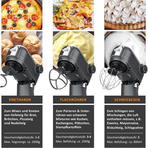  [아마존베스트]Arendo - Powerful Food Processor 5 Litres, Stainless Steel Mixing Machine, Kneading Machine, Planetary Mixing System, Stainless Steel Bowl, Including 3 Stirrers, 5 Switching Levels