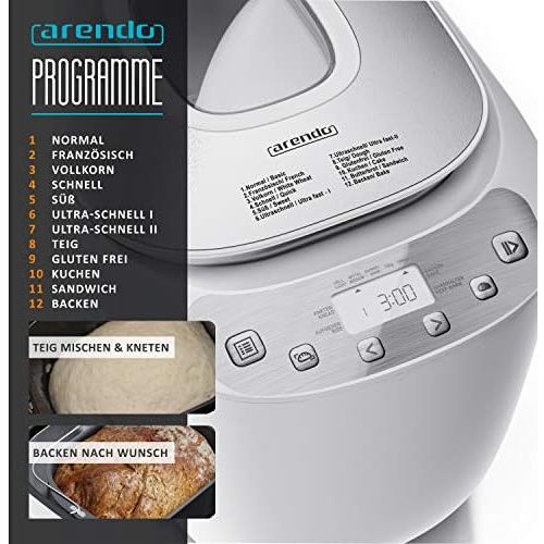 [아마존베스트]Arendo - Bread baking machine BPA free - bread baking machine 12 programs - gluten-free baking - 700-1000 g - direct drive - baking machine with viewing window - warming function -