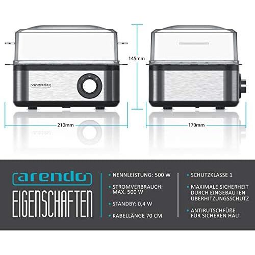  [아마존베스트]Arendo - Stainless steel egg cooker for 1 to 8 eggs - egg cooker - 500 W - control light - control dial for three degrees of hardness - dishwasher safe - brushed stainless steel