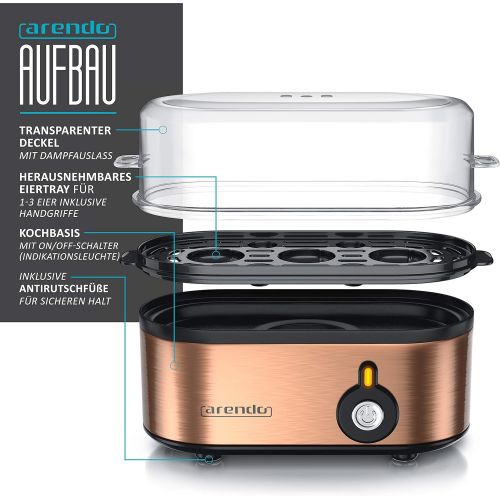  [아마존베스트]Arendo - Threecook stainless steel egg cooker, egg cooker, an off switch, selectable degree of hardness, 210 W, 1-3 eggs, non-slip rubber feet for a secure hold, BPA-free, GS certi