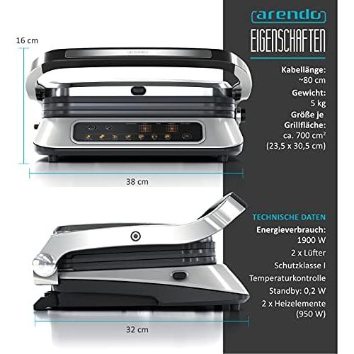  [아마존베스트]Arendo contact grill, electric grill with digital control, 1900 W, electric table grill sandwich maker, 7 programmes, non-stick coated stainless steel
