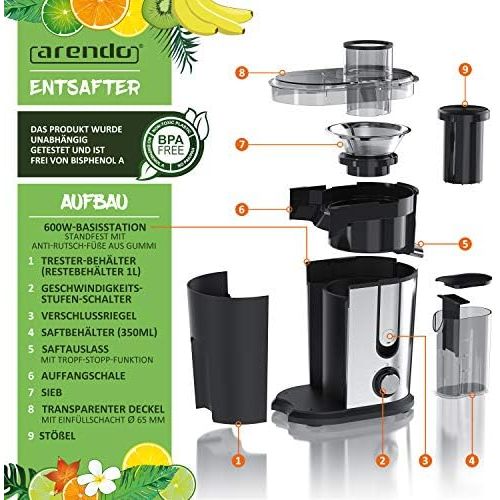  [아마존베스트]Arendo - juicer for fruit and vegetables in stainless steel - centrifugal juicer - electric - 2 speed levels - overheating protection - stainless steel housing - BPA-free