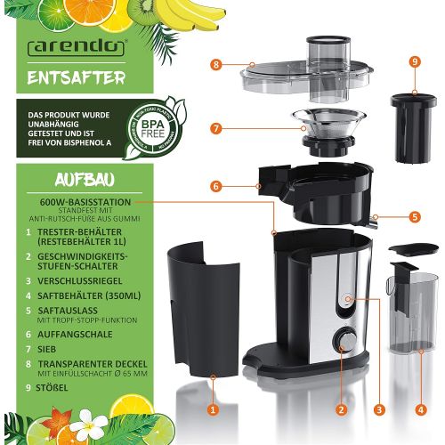  [아마존베스트]Arendo - juicer for fruit and vegetables in stainless steel - centrifugal juicer - electric - 2 speed levels - overheating protection - stainless steel housing - BPA-free