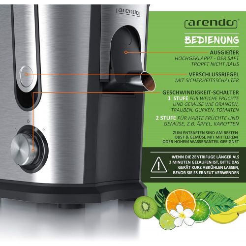  [아마존베스트]Arendo - juicer for fruit and vegetables in stainless steel - centrifugal juicer - electric - 2 speed levels - overheating protection - stainless steel housing - BPA-free