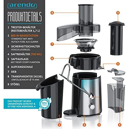  [아마존베스트]Arendo - Juicer stainless steel 800 watts for fruit and vegetables in - centrifugal juicer juicer - electric - 2 speed settings - overheating protection - safety bar - BPA-free