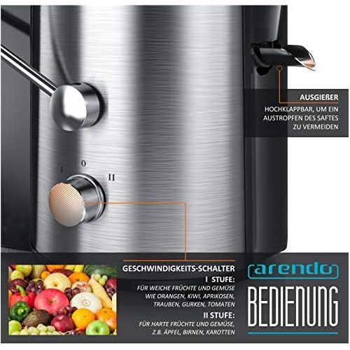  [아마존베스트]Arendo - Juicer stainless steel 800 watts for fruit and vegetables in - centrifugal juicer juicer - electric - 2 speed settings - overheating protection - safety bar - BPA-free