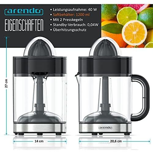  [아마존베스트]Arendo - Stainless steel citrus juicer electric - lemon squeezer orange squeezer lime press juicer - 1.2 litre fruit juice container - press cone with two directions of rotation -