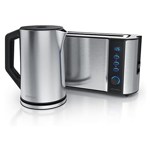  [아마존베스트]Arendo - Stainless steel kettle 1.5 litres with temperature selection + Arendo stainless steel long slot toaster with roll attachment 4 discs - kettle double wall design - kitchen