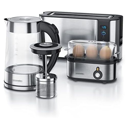 [아마존베스트]Arendo - Stainless steel glass kettle with tea strainer + temperature setting 1.7 L - stainless steel 2 slices toaster long slot toaster stainless steel egg boiler for 1-3 eggs