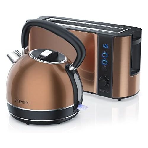  [아마존베스트]Arendo - Stainless steel kettle and toaster in copper look  kettle max. 2200 W  limescale filter  1.7 litres  2 slices of long slit toaster with roll attachment  breakfast set