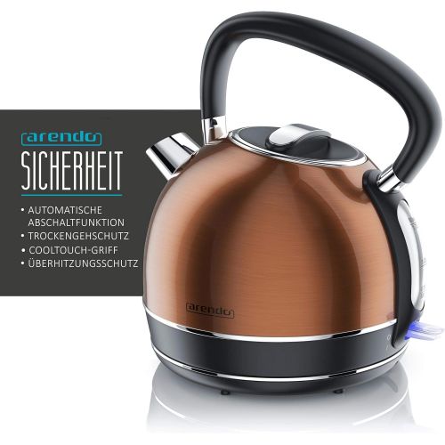  [아마존베스트]Arendo - Stainless steel kettle and toaster in copper look  kettle max. 2200 W  limescale filter  1.7 litres  2 slices of long slit toaster with roll attachment  breakfast set