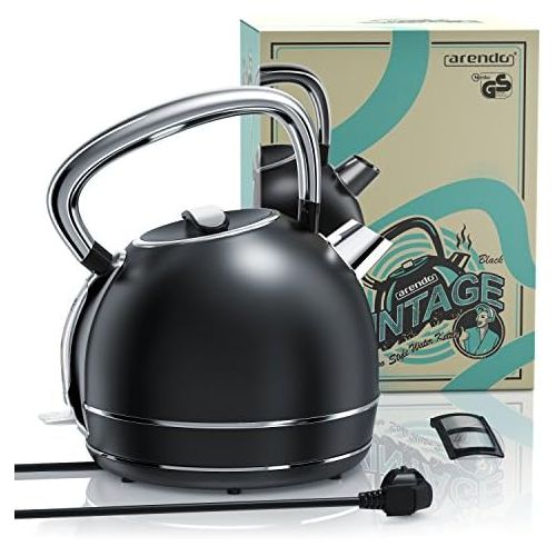  [아마존베스트]Arendo - Retro stainless steel kettle in vintage style - max. 2200 watts - replaceable limescale filter - max. capacity 1.7 litres, automatic shut-off, black