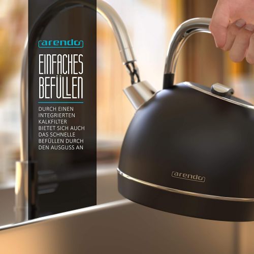  [아마존베스트]Arendo - Retro stainless steel kettle in vintage style - max. 2200 watts - replaceable limescale filter - max. capacity 1.7 litres, automatic shut-off, black