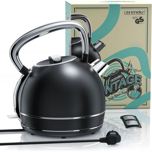  [아마존베스트]Arendo - Retro stainless steel kettle in vintage style - max. 2200 watts - replaceable limescale filter - max. capacity 1.7 litres, automatic shut-off, black