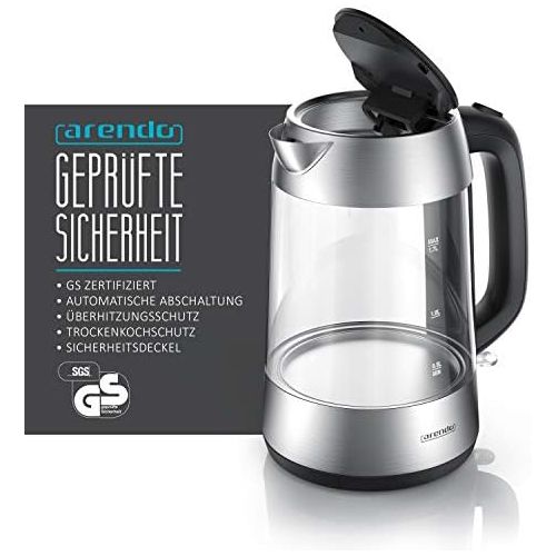  [아마존베스트]Arendo premium stainless steel glass kettle incl. LED interior lighting, stainless steel top and bottom, integrated limescale filter, automatic shut-off