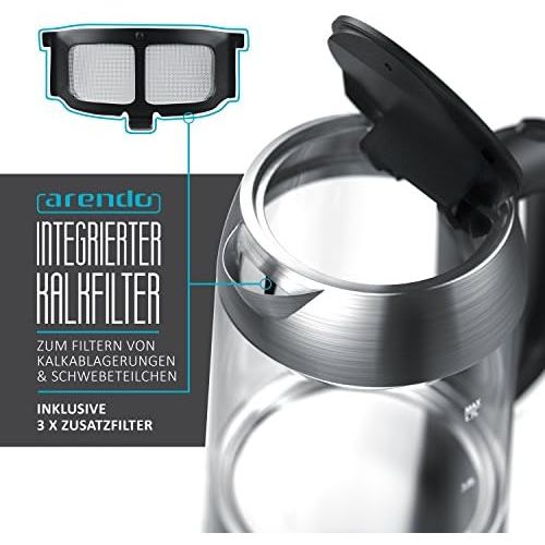  [아마존베스트]Arendo premium stainless steel glass kettle incl. LED interior lighting, stainless steel top and bottom, integrated limescale filter, automatic shut-off