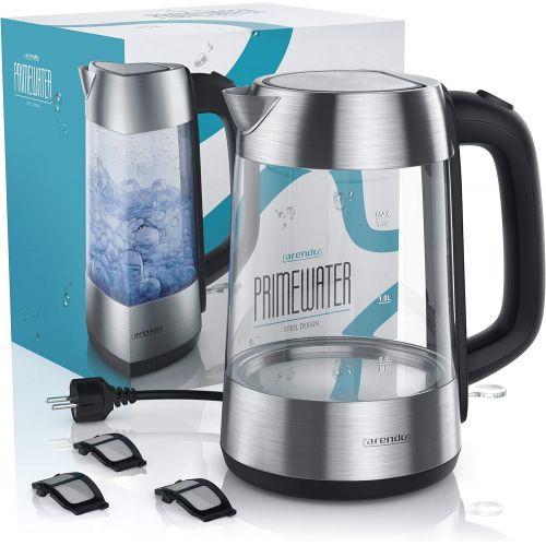  [아마존베스트]Arendo premium stainless steel glass kettle incl. LED interior lighting, stainless steel top and bottom, integrated limescale filter, automatic shut-off