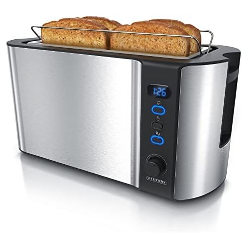  [아마존베스트]Arendo - Edelstahl Toaster Langschlitz 4 Scheiben - Defrost Funktion - warmeisolierendes Gehause - mit integrierten Broetchenaufsatz - 1500W - Kruemelschublade - Display mit Restzeit