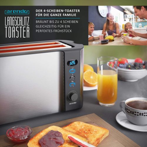  [아마존베스트]Arendo - Edelstahl Toaster Langschlitz 4 Scheiben - Defrost Funktion - warmeisolierendes Gehause - mit integrierten Broetchenaufsatz - 1500W - Kruemelschublade - Display mit Restzeit