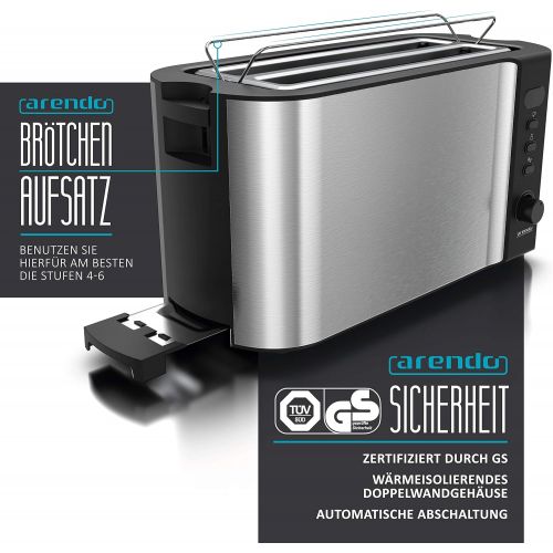  [아마존베스트]Arendo - Edelstahl Toaster Langschlitz 4 Scheiben - Defrost Funktion - warmeisolierendes Gehause - mit integrierten Broetchenaufsatz - 1500W - Kruemelschublade - Display mit Restzeit