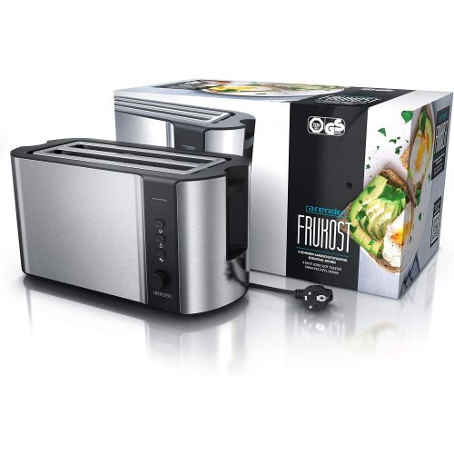  [아마존베스트]Arendo - Edelstahl Toaster Langschlitz 4 Scheiben - Defrost Funktion - warmeisolierendes Gehause - mit integrierten Broetchenaufsatz - 1500W - Kruemelschublade - Display mit Restzeit