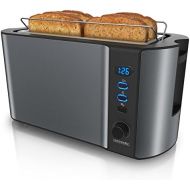 [아마존베스트]Arendo - Edelstahl Toaster Langschlitz 4 Scheiben - Defrost Funktion - warmeisolierendes Gehause - mit integrierten Broetchenaufsatz - 1500W - Kruemelschublade - Display mit Restzeit