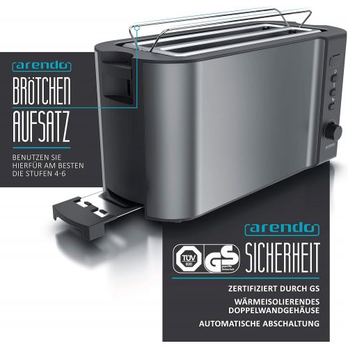  [아마존베스트]Arendo - Edelstahl Toaster Langschlitz 4 Scheiben - Defrost Funktion - warmeisolierendes Gehause - mit integrierten Broetchenaufsatz - 1500W - Kruemelschublade - Display mit Restzeit