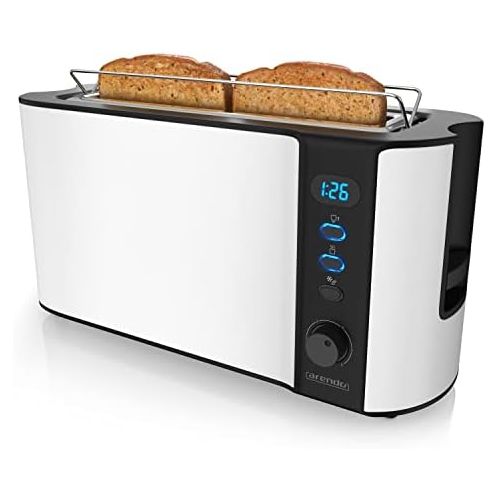  [아마존베스트]Arendo - 2 Slice Long Slot Toaster - Defrost Function - 1000W - Double Wall Housing - Integrated Bread Roll Attachment - Browning Levels 1-6 - Display with Remaining Time Shown - W