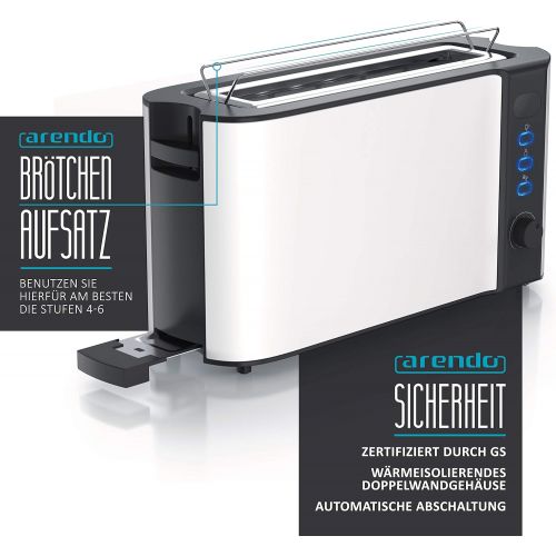  [아마존베스트]Arendo - 2 Slice Long Slot Toaster - Defrost Function - 1000W - Double Wall Housing - Integrated Bread Roll Attachment - Browning Levels 1-6 - Display with Remaining Time Shown - W