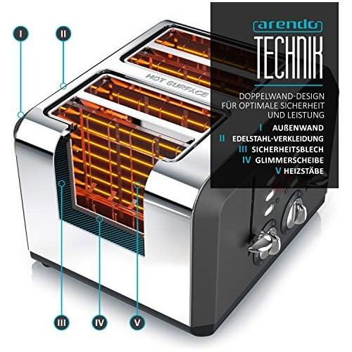  [아마존베스트]Arendo - Automatic toaster 4 slices in stainless steel - up to four sandwich and toast slices - browning grade 1-6 - warm-up and defrosting function - crumb drawer - 1630 watts - G