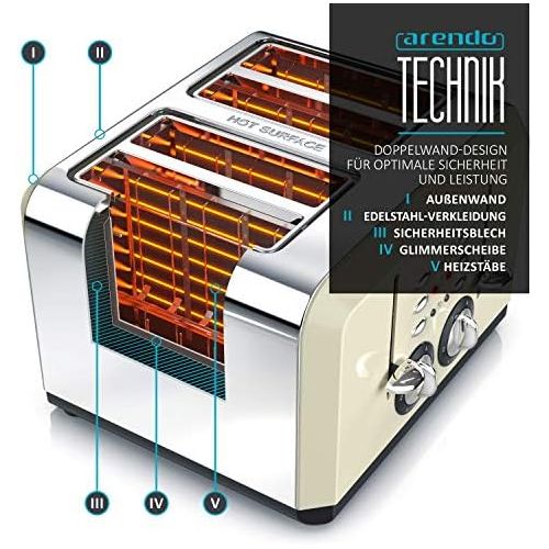  [아마존베스트]Arendo - Automatic toaster 4 slices - stainless steel housing - up to four sandwich and toast slices - browning grade 1-6 - warm-up and defrosting function - crumb drawer - 1630 wa