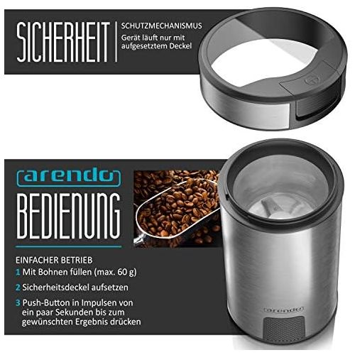  [아마존베스트]Arendo Coffee Grinder Stainless Steel Electric Spice Mill Coffee Grinder Shot Mill Push Button Stainless Steel Knife for Coffee Beans Spices Grains Cool Grey
