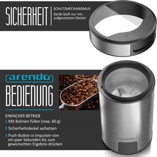  [아마존베스트]Arendo Coffee Grinder Stainless Steel Electric Spice Mill Coffee Grinder Shot Mill Push Button Stainless Steel Knife for Coffee Beans Spices Grains Cool Grey