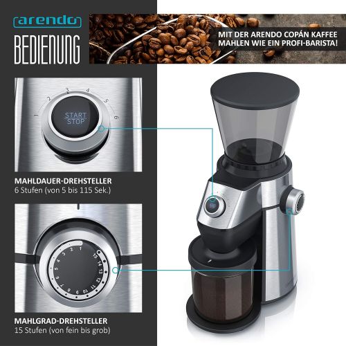  [아마존베스트]Arendo - elektrische Kaffeemuehle mit Kegelmahlwerk in Edelstahl - 150 Watt - Coffee Grinder - 15 Mahlgradstufen 360 g Fuellmenge Automatikverschluss Aromaschutz - Schutzschaltung -